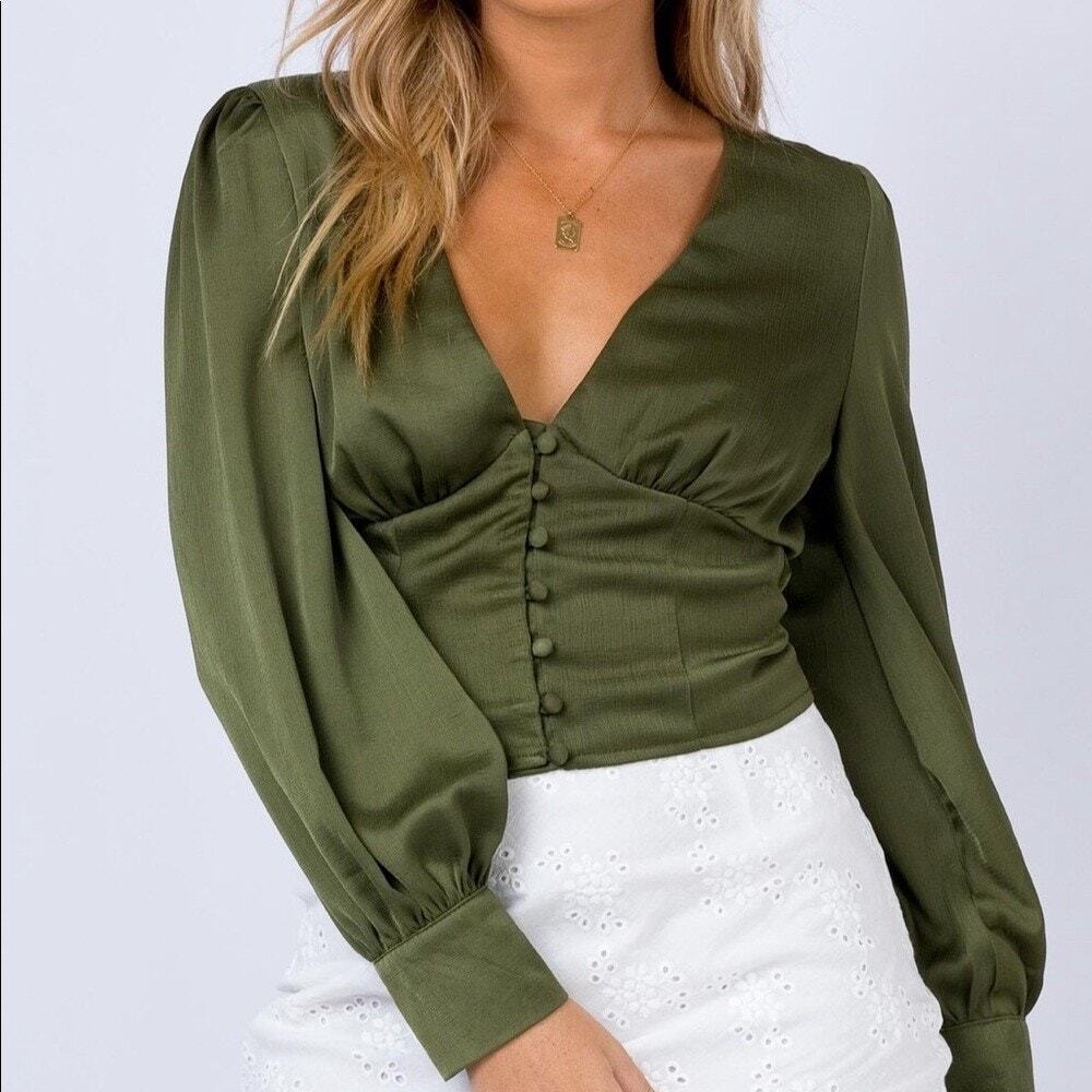 Princess Polly Babydoll Button Top Size 6 Green Preppy Coquette Dark Romantic